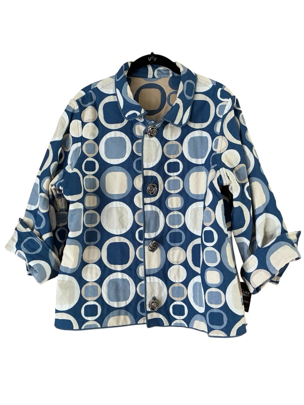 Winding River Reversible Jacket L NWT Blue Tan Mod Geometric Circle Wearable Art
